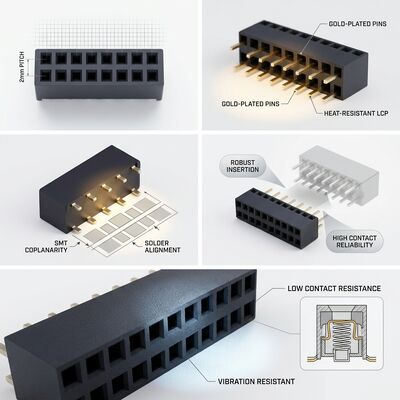 Καλυμμένο κουτί επικεφαλίδα στυλ 2.54MM Διπλή σειρά θηλυκό σύνδεσμο Χρυσό Flash PA6T Πολωμένο κλειδί PCB μέσω τρύπας